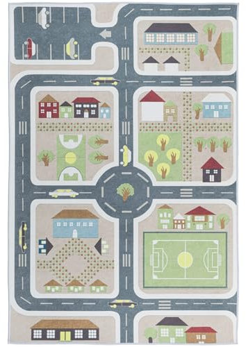 e-floor Kinderteppich Straßen – Straßendesign – Teppichboden – Spielspaß für Kinder – Lernmatte – Teppich für Schule – Kindergarten – Teppich fürs Kinderzimmer - 100x150 cm - Grau