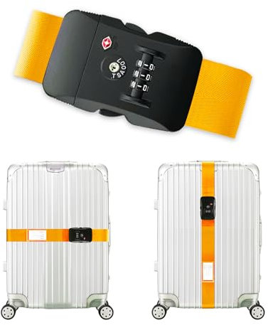 Veki Sangles de Bagages Réglables, Sangle de Valise Voyage avec TSA Mot De Passe, Ceinture Valise avec Étiquette Nominative, Sangle d'identification Personnalisée pour Bagages, Sacs, Valise (Jaune)