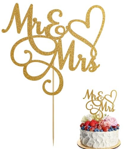 Vin Beauty Mr & Mrs Cake Topper Wedding Engagement Anniversary Cake Toppers Decorations Gold Glitter Bride and Groom Sign