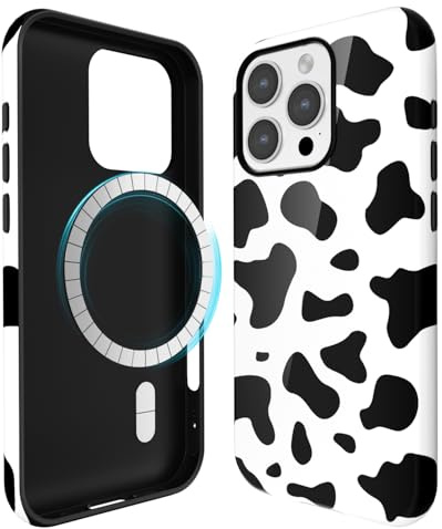 Svanove for iPhone 16 Pro Max Case Cow Print, Compatible with Magsafe Magnetic Phone Case, Girly Cute Trendy Retro Animal Print Aesthetic Design Glossy Hard Shell Plastic Case for Women, Black
