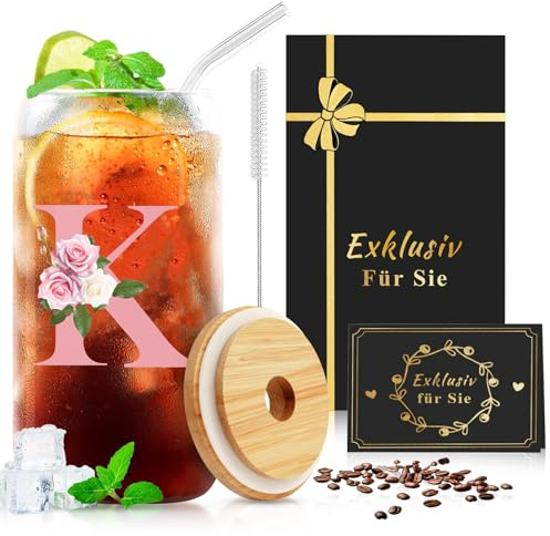 CIGAA Geschenk für Frauen - Becher mit Deckel und Strohhalm, A-Z Buchstaben Personalisiertes Trinkglas zum Muttertag Weihnachten, Glasbecher mit Reinigungsbürste für Kaffee Bier Cocktails (500ml)