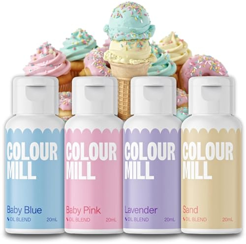 AOS Set | Colour Mill Lebensmittelfarben Set Pastell 4x 20ml | Baby Blue, Baby Pink, Lavender, Sand | Für Fondant, Torten, Muffins, Cupcakes, Backen | Fettlöslich Ölbasiert Flüssig UV-beständig