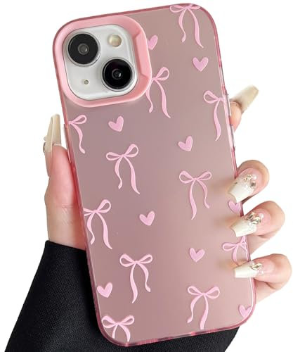 ZTOFERA Pink Case for iPhone 14 Plus/15 Plus (6.7), Aesthetic Phone Case with Cute Ribbon Bowknot Pattern, Glossy Hard PC Back Silicone Bumper Shockproof Protective Cover for Girls Women - Love Heart