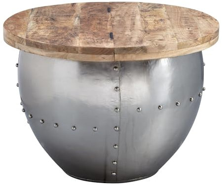 Couchtisch Mango Massivholz/Metall 60x43x60 cm Industrial Style Rund | Design Wohnzimmertisch mit Stauraum | Moderner Loungetisch Sofatisch Silber
