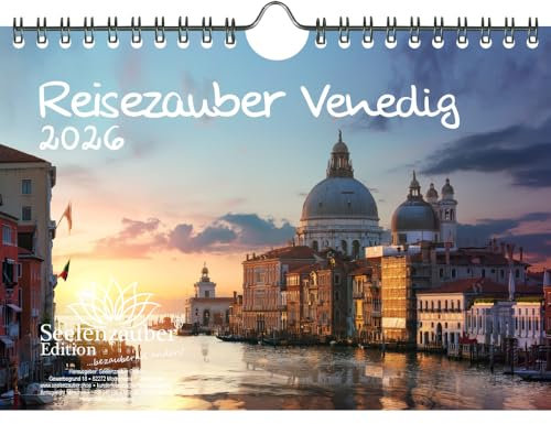 Reisezauber Venedig DIN A5 Kalender für 2026 Urlaub Mediterran Italien - Set-Inhalt: 1x Kalender 1x Weihnachtsanhänger 1x Grußanhänger (gesamt 3 Teile)