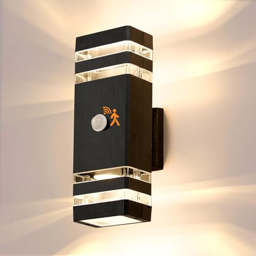 Warmiehomy PIR Outdoor Wall Lights with Motion Sensor, IP67 Waterproof Up Down Outside Lights Mains Powered, GU10 LED External Modern Lighting Exterior Sconce Lamp for Front Door, Porch, Garage, 29cm