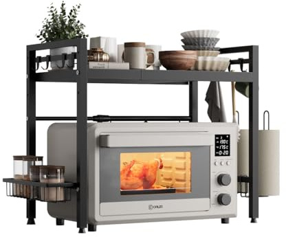 NETEL - Estantería ajustable para microondas de 2 niveles, estante sobre el microondas, estante de cocina de pie para encimera, estanterías de panadería, negra, extensible de 40 a 60 cm
