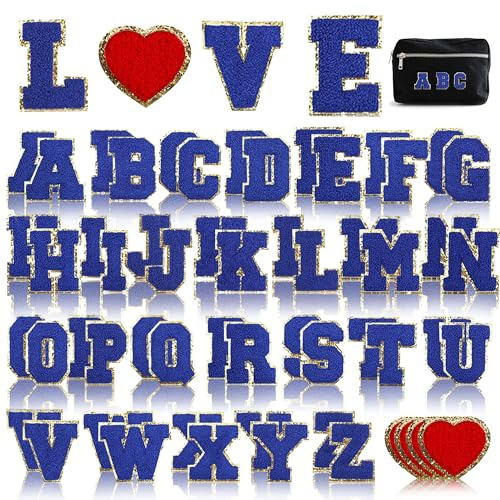 Acrebow 52 Pcs Blue Chenille Letter Patches & Extra 4 Heart Patches Iron on Sew On Embroidered Applique Glitter Cute Varsity Alphabet A-Z for Clothing Jeans Jackets Hats Fabric - NOT Self Adhesive