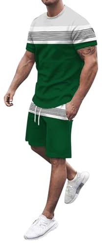 Herren-Shorts- und Hemd-Set, Sport, gestreiftes Pyjama-Set, zweiteiliges Laufset, Workout-Shirts, Sommer-Sweatshirt, Sportbekleidung, Rundhalsausschnitt, kurze Ärmel, mit Shorts, Muskel-Top mit