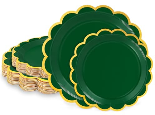 LIKAJON 50 piatti di carta verde scuro, 25 pezzi da 22,9 cm e 25 pezzi da 17,8 cm, piatti smerlati usa e getta verde scuro con lamina d'oro per laurea, matrimonio, baby shower, feste di compleanno