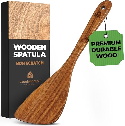 Wooden Spatula for Cooking, 12 Inch - Easy to Clean, Long-Lasting & Sturdy Natural Acacia Wood Spatula for Cooking - Wooden Spatulas with Comfortable Handle, Perfect for Flipping, Turning & Frying