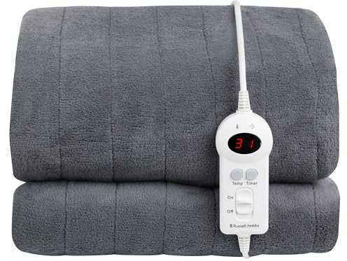 Russell Hobbs Electric Blanket Grey Heated Throw Microfleece 130 x 180 cm with Digital Remote, Auto Shutoff Overheat Protection 12 Hour Timer, 9 Heat Settings RHHT1004GR