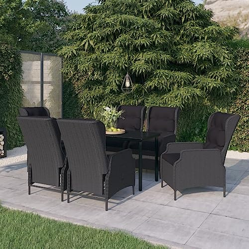 Tonture 7-TLG. Garten-Essgruppe Dunkelgrau, PE-Rattan, verstellbare Stühle, Glastisch 140x70cm, Outdoor Möbel Set für Terrasse, Balkon, Garten, Bequeme Sitzgelegenheiten
