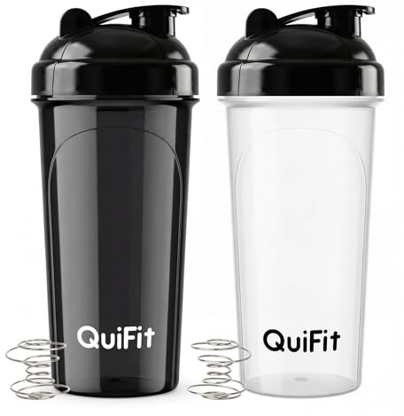 QuiFit Protein Shaker Bottle 2 Pack, 700ML Shaker Water Bottle with Stainless Steel Mixing Ball, Shaker Cup for Supplement Powder Smoothie, Lump-Free BPA Free Dishwasher Safe (Black+Clear)
