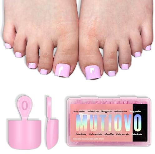 MUTIOVO Short Square Toe Nail Tips Pure Color PINK, Soft Gel Full Cover Fake Toenails Extension Kit, 224 Pcs 16 Sizes, No Glue Included, Need Builder Gel & Top Coat for Salon & DIY Pedicure