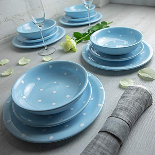 City to Cottage® Set de 12 piezas de Vajilla de Cerámica Pintada a Mano en Azul Celeste y Blanco | Vajilla con Diseño de Lunares para 4 | Plato Grande | Plato Pequeño | Plato Hondo