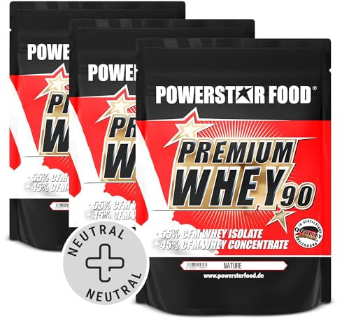 Powerstar PREMIUM WHEY 90 | 90% Protein i.Tr. | Whey-Protein-Pulver 3 x 850 g | Made in Germany | 60% CFM Whey Isolat & 40% CFM Konzentrat | Eiweiß-Pulver ohne Süßungsmittel | Natur