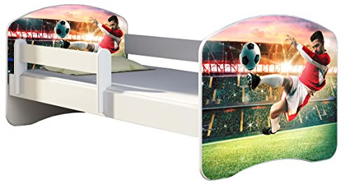 ACMA Kinderbett 180x80 Jugendbett mit Matratze, Rausfallschutz, Lattenrost Weiß, stabil, Kinderzimmer Bett, Jugendmöbel Design 37 Fußballer 2