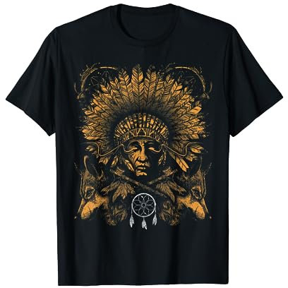 Native American Indian Chief Dream Catcher Wolf Feathers Art T-Shirt