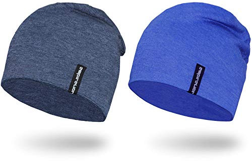 EMPIRELION 9 Leicht Stricken Mützen Hüte,Helm Liner Laufen Scheitelkäppchen Schlafen Kappen für Damen Herren (Königsblau Melange+Stahlblaue Melange)