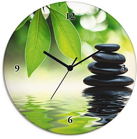 ARTLAND Wanddeko Wanduhr ohne Tickgeräusche Glas Funkuhr Ø 30 cm Rund Lautlos Zen Asiatisch Spa Steine See Blätter Asien Natur Design T5UJ