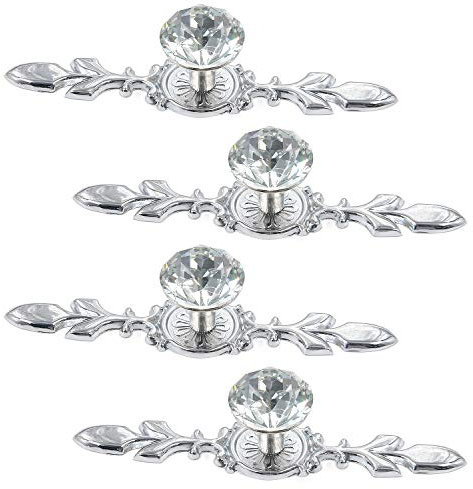 FarBoat 4 x Schrankgriffe aus Kristall, Antik-Vintage-Stil, abnehmbare Metallbeschläge, Zinklegierung, für Kommode, Schublade, Schrank, Küchenschrank, (L 11,8 cm, Silber)
