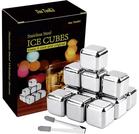 12 Pack Whiskey Stones Gift Set for Men, Das TooKii Stainless Steel Ice Cubes Chilling Stones Reusable, High Cooling Rocks Metal Ice Cube for Drinks Beverage Wine with Ice Tongs & Freezer Storage Box