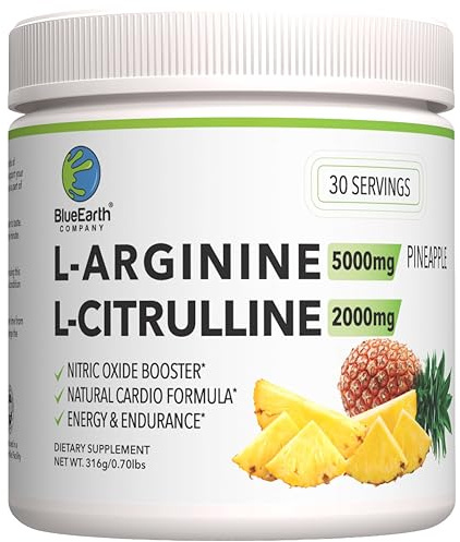 BlueEarth Company L-Arginine 5000mg + L-Citrulline 2000mg Complex Powder Supplement - Nitric Oxide Booster - Heart Health, Circulation, Energy & Endurance - 30 Servings (Pineapple)