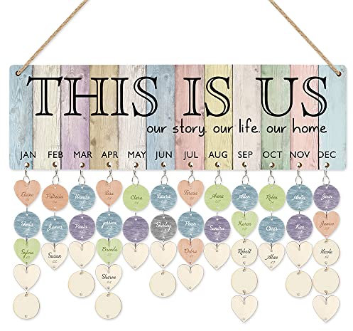 CHDITB This Is Us Family Birthday Reminder Calendar Board,Birthday Reminder Wall Hanging(16x5) DIY Birthday Gifts for Family,Wooden Family Birthday Calendar Wall Hanging with 100 Heart/Circle Tags