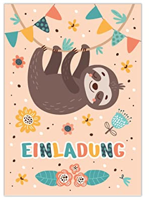 12 Einladungskarten zum Kindergeburtstag Mädchen Jungen Faultier