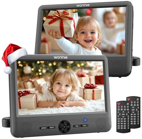 WONNIE 25,4 cm (10 Zoll) Auto-DVD-Player, tragbarer DVD-Player, Dual-Bildschirm, spielen Sie die gleichen oder zwei verschiedene Filme mit 5 Stunden wiederaufladbarem Akku, 2 AC-Adapter
