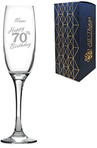 Personalised Engraved Champagne Flute Happy 70th Birthday Handwritten Design Gift BoxedGlass Holds 7.43oz/220ml, Customise with Any Name, Engraved in The UK