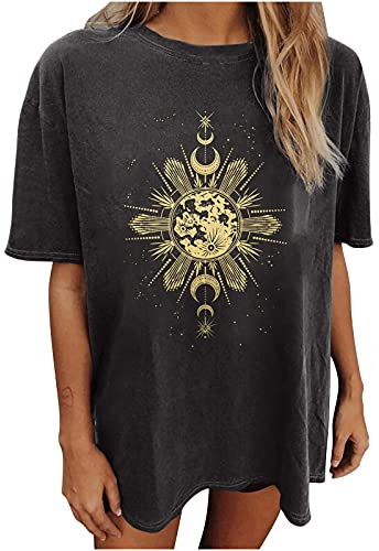 Womens Short Sleeve Print T-Shirts Trendy Summer Sun and Moon Graphic Tee Tops Black Crew Neck Drop Shoulder Blouses