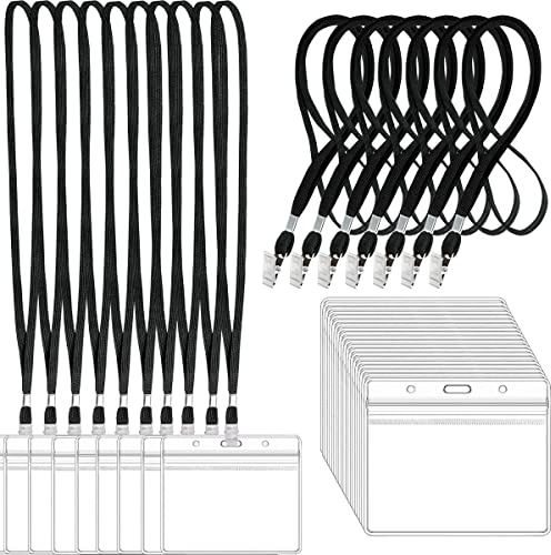 100Pcs Clear Plastic Horizontal Name Tags Badge ID Card Holders and 100Pcs Black Lanyards with Clip lanyards for id Badges (Black)
