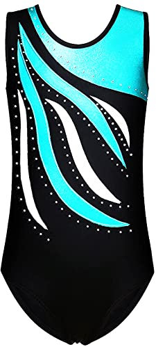 FINGER TEN Gymnastikanzug Mädchen Kurzarm Langarm Kinder Ballettanzug Gymnastik Training Gymnastikbody Trikotanzug Tanz Kleid Ballettkleid (Cyan, Tag 12A (11-12 Jahre))