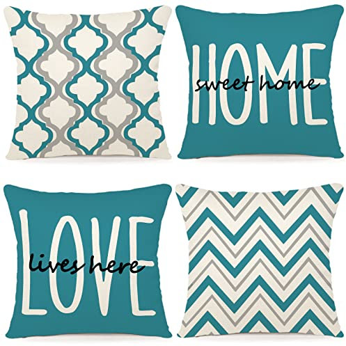 YCOLL Federe Cuscini Divano 50 x 50 Set di 4 Cuscini per Divano in Lino Cuscini da esterno Cuscini Decorativi Motivo Geometrico Cuscini Divano Soggiorno da Letto Copricuscino 50 x 50 Blu Acqua