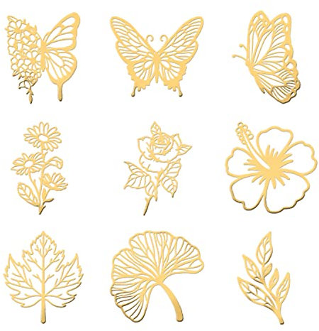 OLYCRAFT 9 Stück Orgonite Aufkleber Schmetterling Aufkleber Blumenblatt Aufkleber Selbstklebende Goldene Messing Aufkleber für Sammelalben DIY Harz Handwerk Telefon Wasserflasche Dekor – 4x4cm
