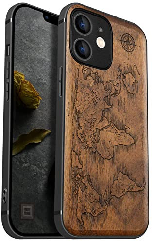 Carveit Handyhülle für iPhone 12 Mini Cover Kompatibel Magsafe [Holz und TPU Silikon hülle] Magnetisch Hull für Apple 12 Mini Case Einzigartiges Holzdesign（Nussbaum-Kompasskarten）