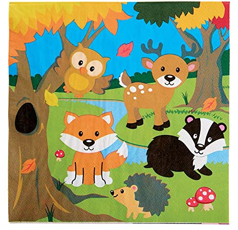 Baker Ross FX160 Woodland Animals Party Napkins - Pack of 20, Disposable Paper Napkins, Kids Party Table Decoration, Birthday Party Supplies, Party Napkins