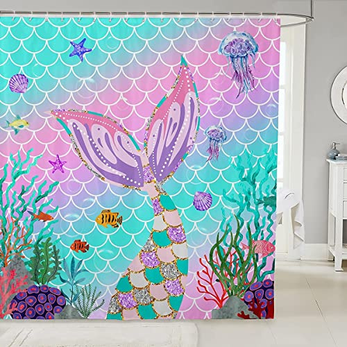 Meerjungfrauen Vorhang 180X180(WxL) Kinder Fischschuppen Duschvorhang MäDchenhafte Regenbogen BettwäSche Sets Ocean Life Sea Animal Badezimmervorhang Teal Sparkle Pailletten Dekor Ombre Pastell Rosa