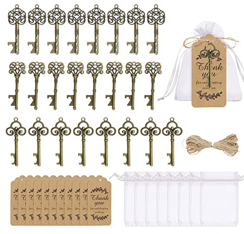 PLCatis Key Bottle Openers Wedding Favours 24-Pack Christmas Key Vintage Touch Party Table Favours Three Different Designs with Note Cards Bags Strings