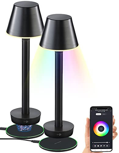 Lunartec Kabellose Tischlampe: Smarte Outdoor-Tischlampe, RGB-CCT-LEDs, App, Bluetooth, 2er-Set (Balkontisch, Lampe Terrassentisch, Home)