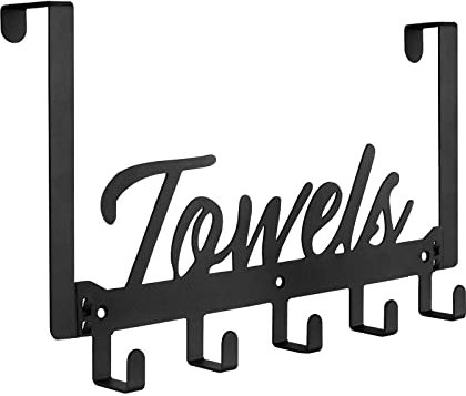 Azmoncy Over The Door Hooks, Towel Rack Towel Hooks for Bathroom, Towel Holder for Hanging Heavy Duty, Door Rack Over Door Hanger with 5 Coat Hooks for Bedroom Bathroom Kitchen, Black