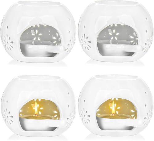 Elsjoy Set of 4 Ceramic Tealight Candle Holder, Essential Oil Burner Wax Melt Burner with Spoons, Aroma Candle Warmer for Bedroom, Living Room, Home Decor