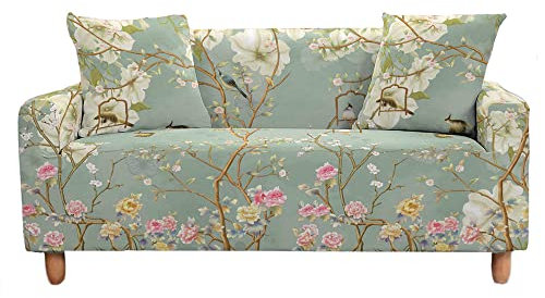 Chickwin Sofabezug 1 2 3 4 Sitzer Sofa Überwürfe Mit Armlehnen, Baum Blume Vogel Drucken Deko Elastisch Weich Stretch Abwaschbar Couch Sofaüberwurf, Sofa Hussen Möbel Deko (Rose,3 Sitzer)