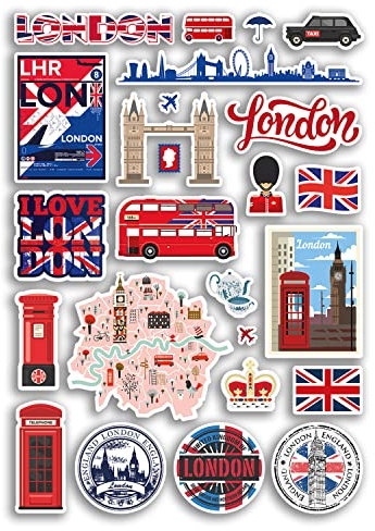 A4 Aufkleberbogen London Sehenswürdigkeiten Vinyl Aufkleber – England City UK Big Ben Stempelflagge Reise Urlaub Kultur Scrapbook Gepäck Geschenk #79558