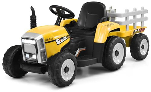 DREAMADE Traktor mit Abnehmbarem Anhänger, Elektrotraktor mit LED-Licht & Musik & Fernbedienung, Kindertraktor mit max. Tragfähigkeit von 30 kg, Aufsitztraktor für Kinder ab 3 Jahren (Gelb)