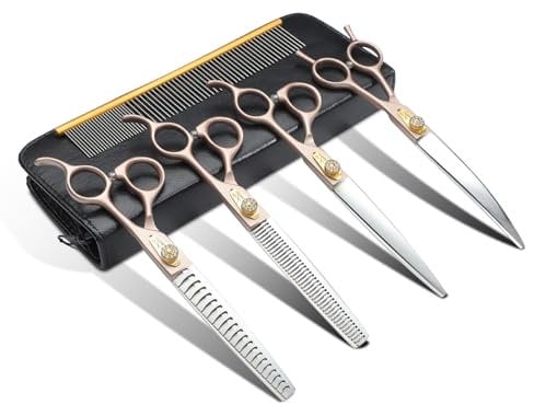 JASON Profi Hundeschere Set 6 in 1 Fellschere für Hunde Set - 7 Zoll Gerade/Gebogene/Chunker Ausdünnung Schere mit ergonomischen Griff, Roségold