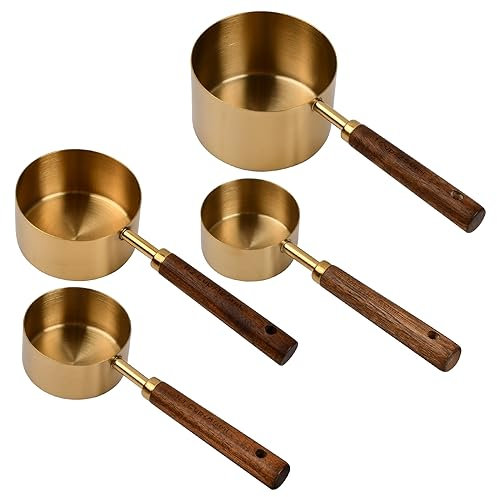 4 Juego de Tazas Medidoras y Cucharas Medidoras de Cobre Acero Inoxidable, Cuchara de Medición con Mango de Madera Medidas Grabadas para Ingredientes Secos y Líquidos, Cocinar, Hornear (Acacia)