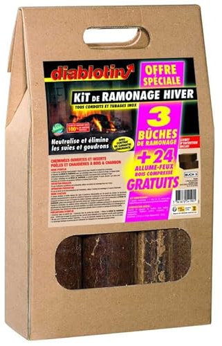 Diablotin Kit 3 bûches de ramonage Hiver et 24 cubes allume feux